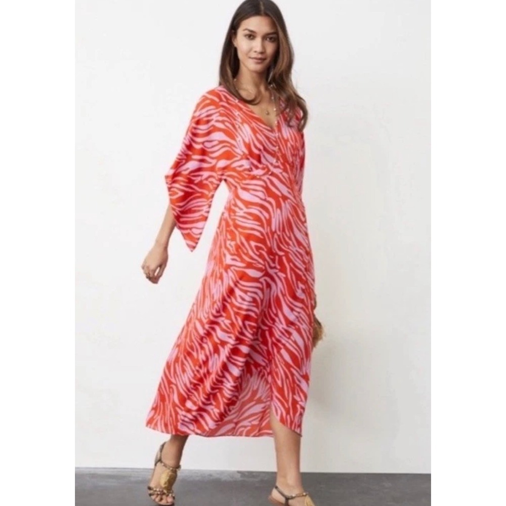 CAbi Saunter Coral and Lavender Faux Wrap Style Zebra Print Midi Dress Size L